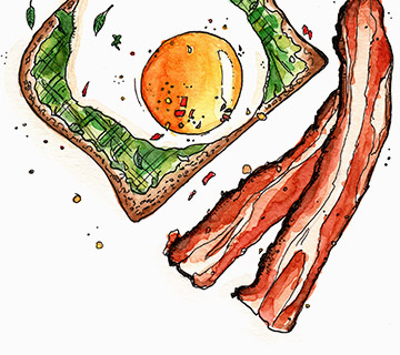 Illustration encre et aquarelle toast avocat oeuf et bacon