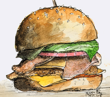 Dessin illustration encre et aquarelle hamburger