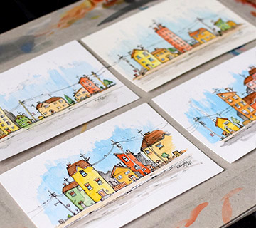 Cartes postales encre et aquarelle maisons