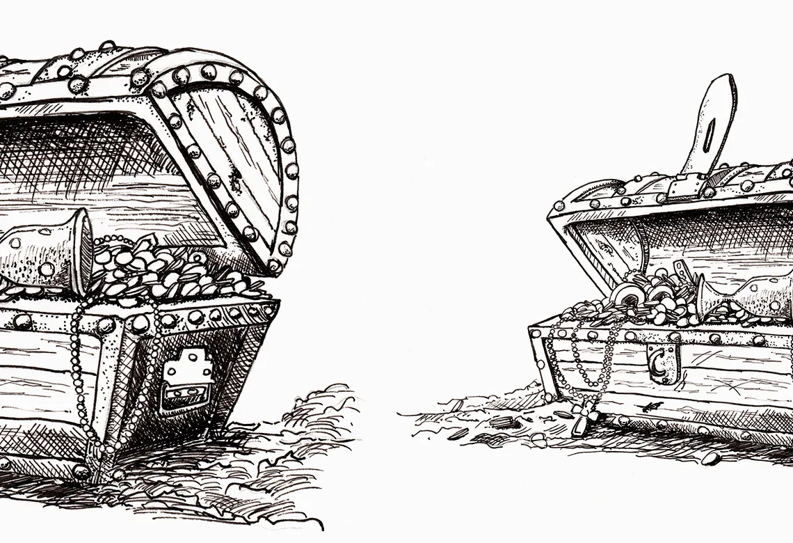 Dessin à la plume et à l'encre d'un coffre au trésor (détails)