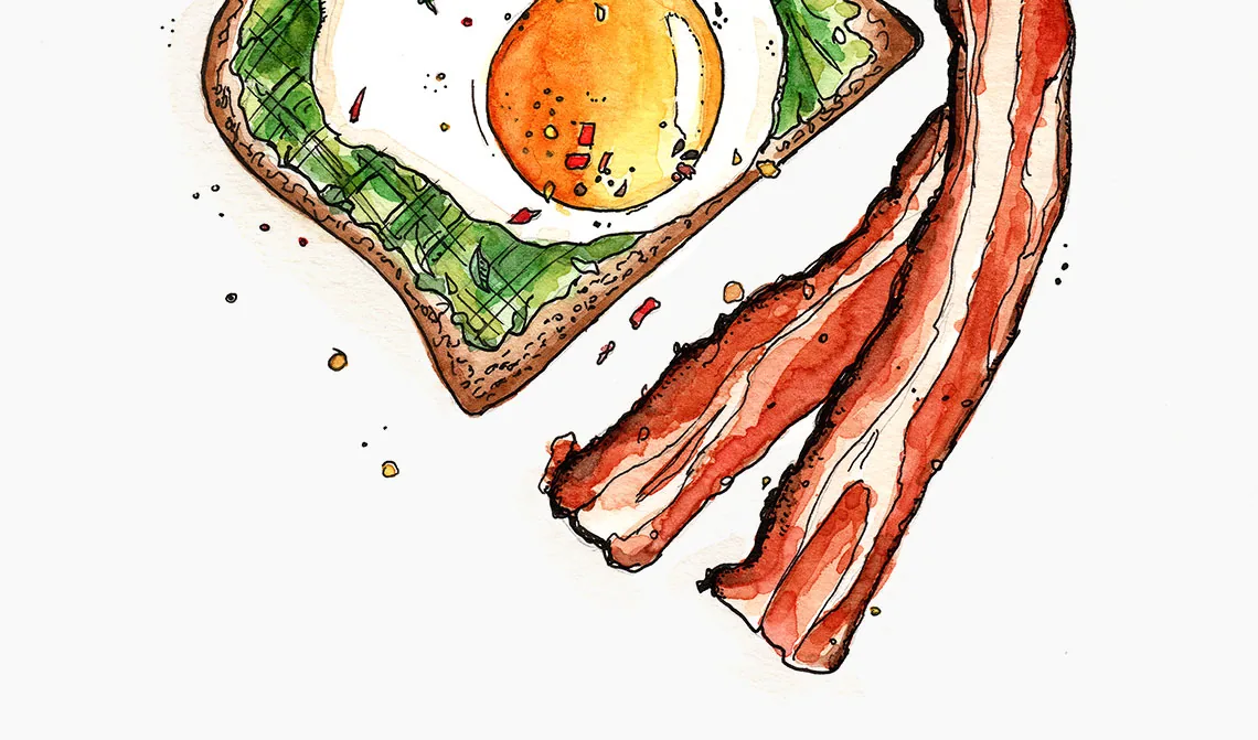 Egg & bacon, dessin à l'aquarelle détails