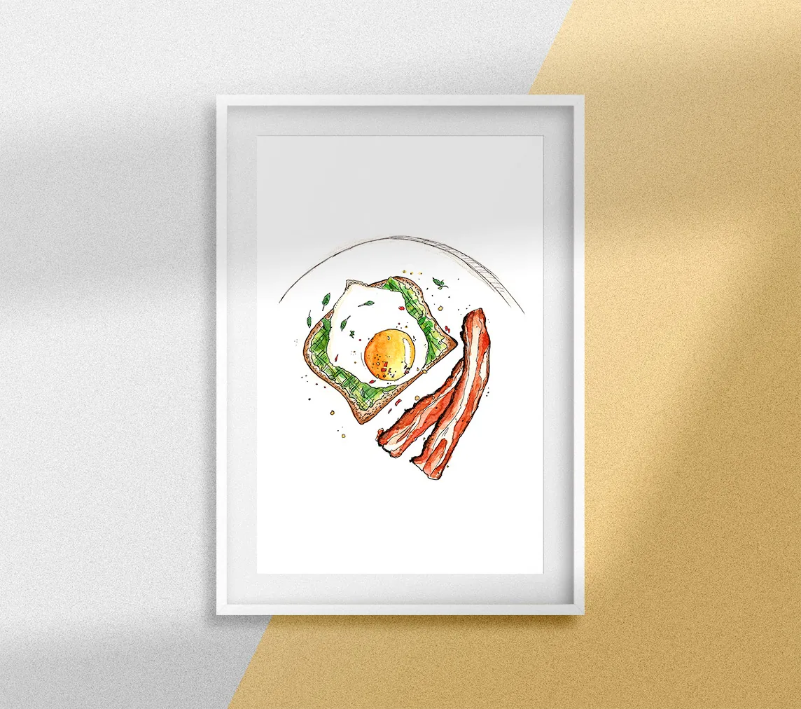 Egg & bacon, dessin à l'aquarelle