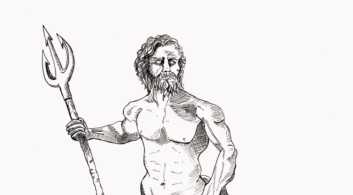 Poséidon dessin réalisé à la plume et à l'encre
