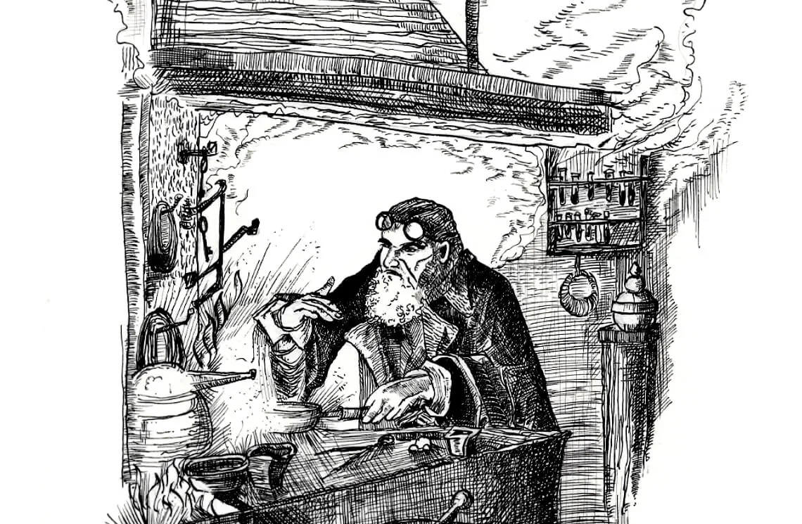 The Alchemist illustration engraving based on an esoteric grimoire